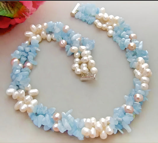 Blue Aquamarine Gemstones and Freshwater Pearls Triple-Strand Statement Necklace