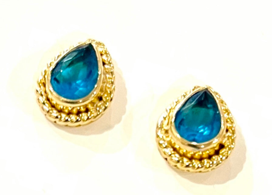 Petite Tear-Shaped Blue Chalcedony Gold Stud Earrings