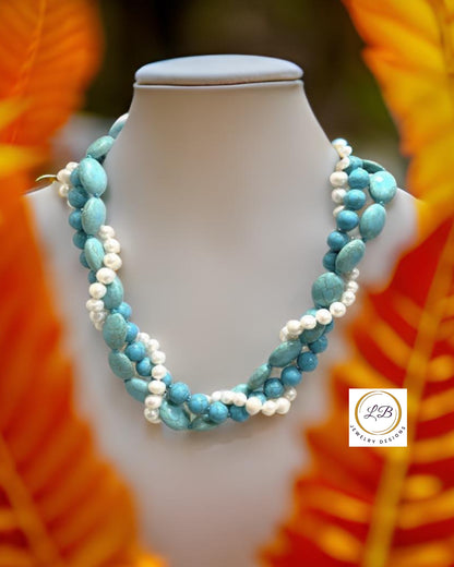 Triple-Strand Turquoise and Pearl Statement Necklace