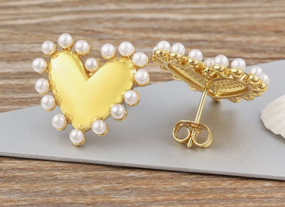 Gold and Pearl Heart-Shaped Stud Earrings