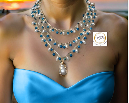 Blue Enamel & Pearl Pendant Gold Statement Necklace