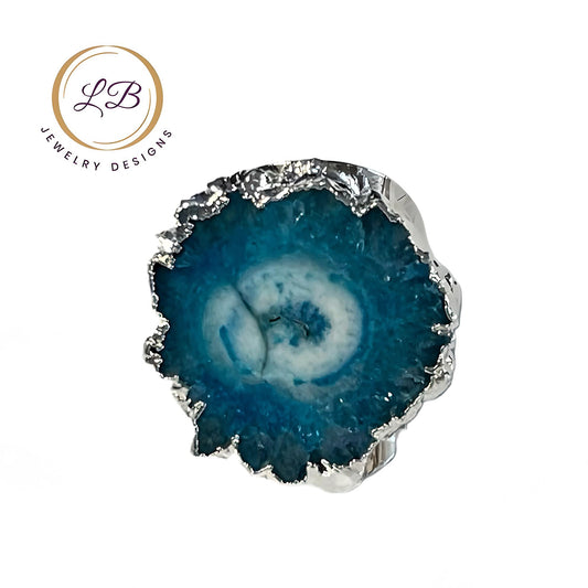 Blue Solar Geode Silver Adjustable Cigar Ring