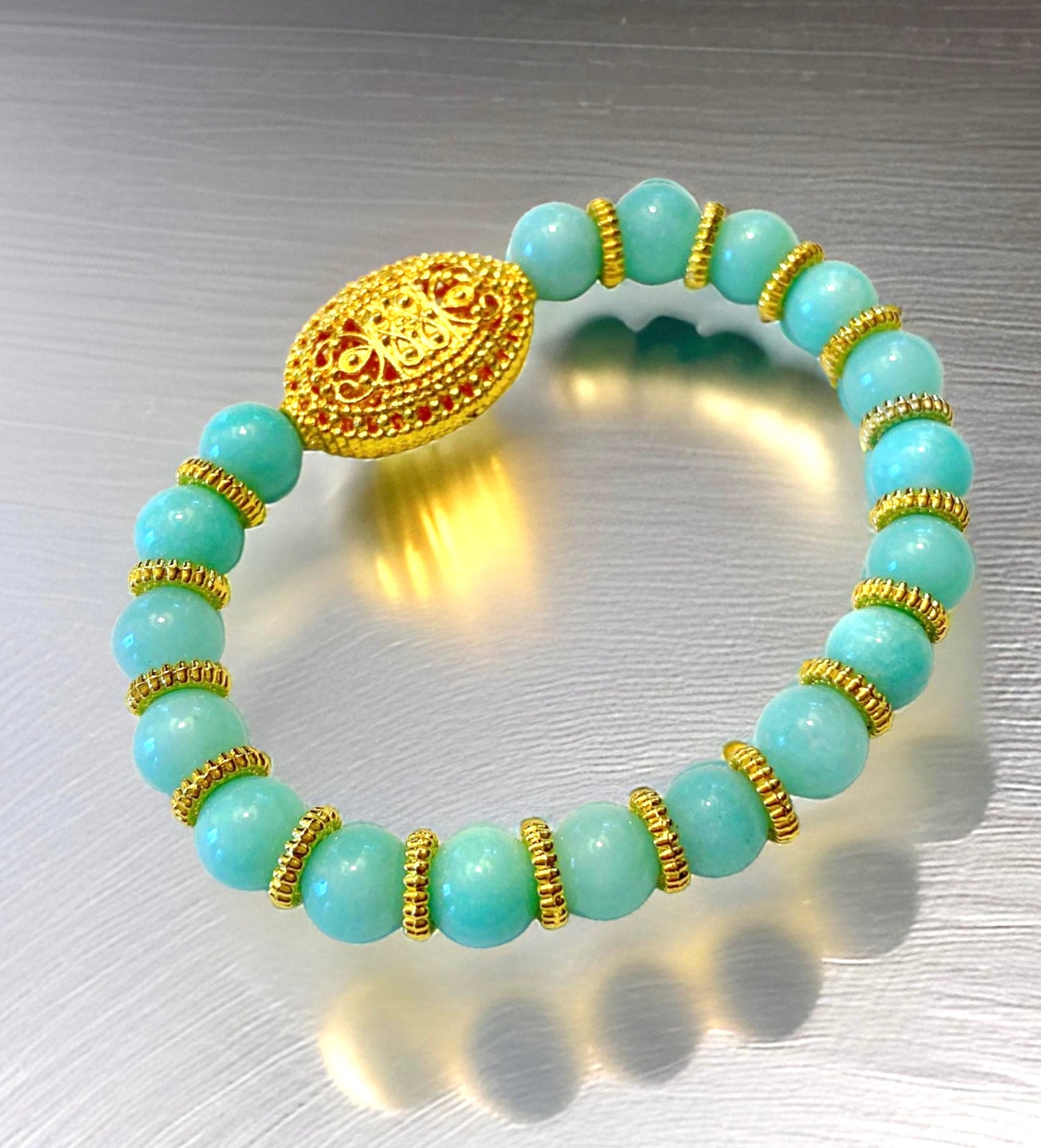 Green “Burma” Jade 18k Gold Filigree Beaded Bracelet