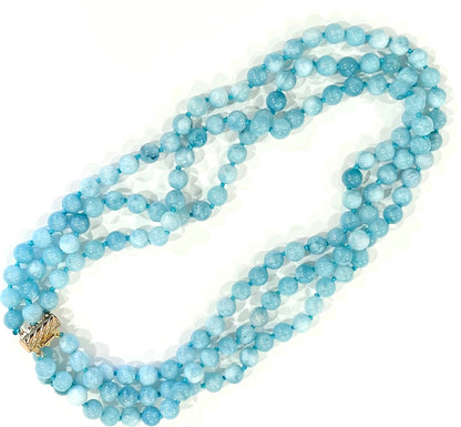 Timeless Blue Aquamarine Gemstones, Triple-Strand, Double-Knotted Statement Necklace