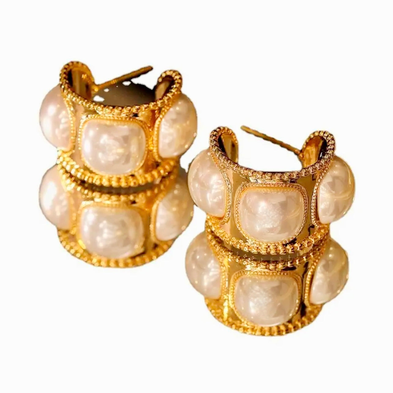 Classic Pearl Shell Gold Hoop Earrings 1”