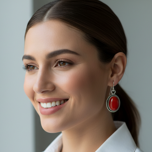 Red Coral Sterling Silver Dangle Earrings - Oval & Teardrop Gemstones