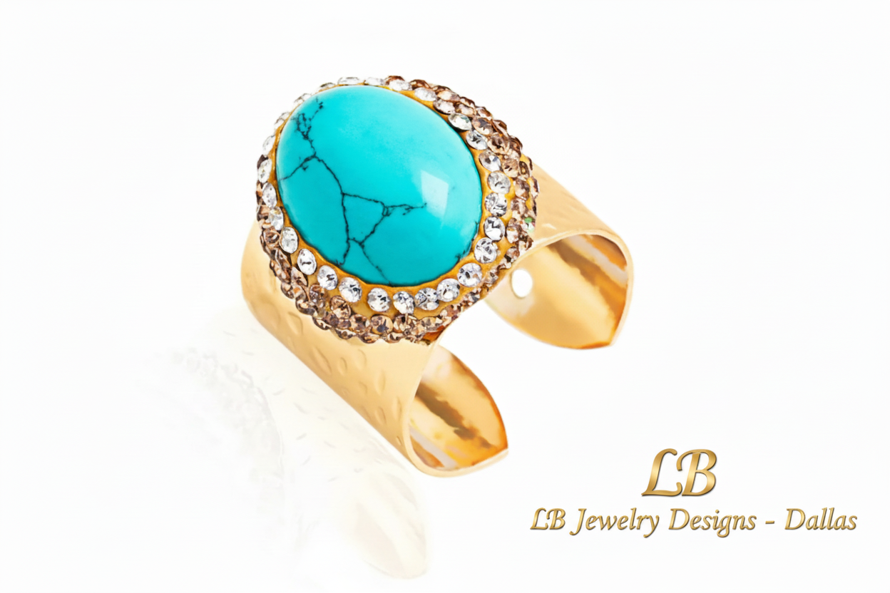 Sleeping Beauty Turquoise Pavé Adjustable Statement Ring - Gold Turquoise Cocktail Ring