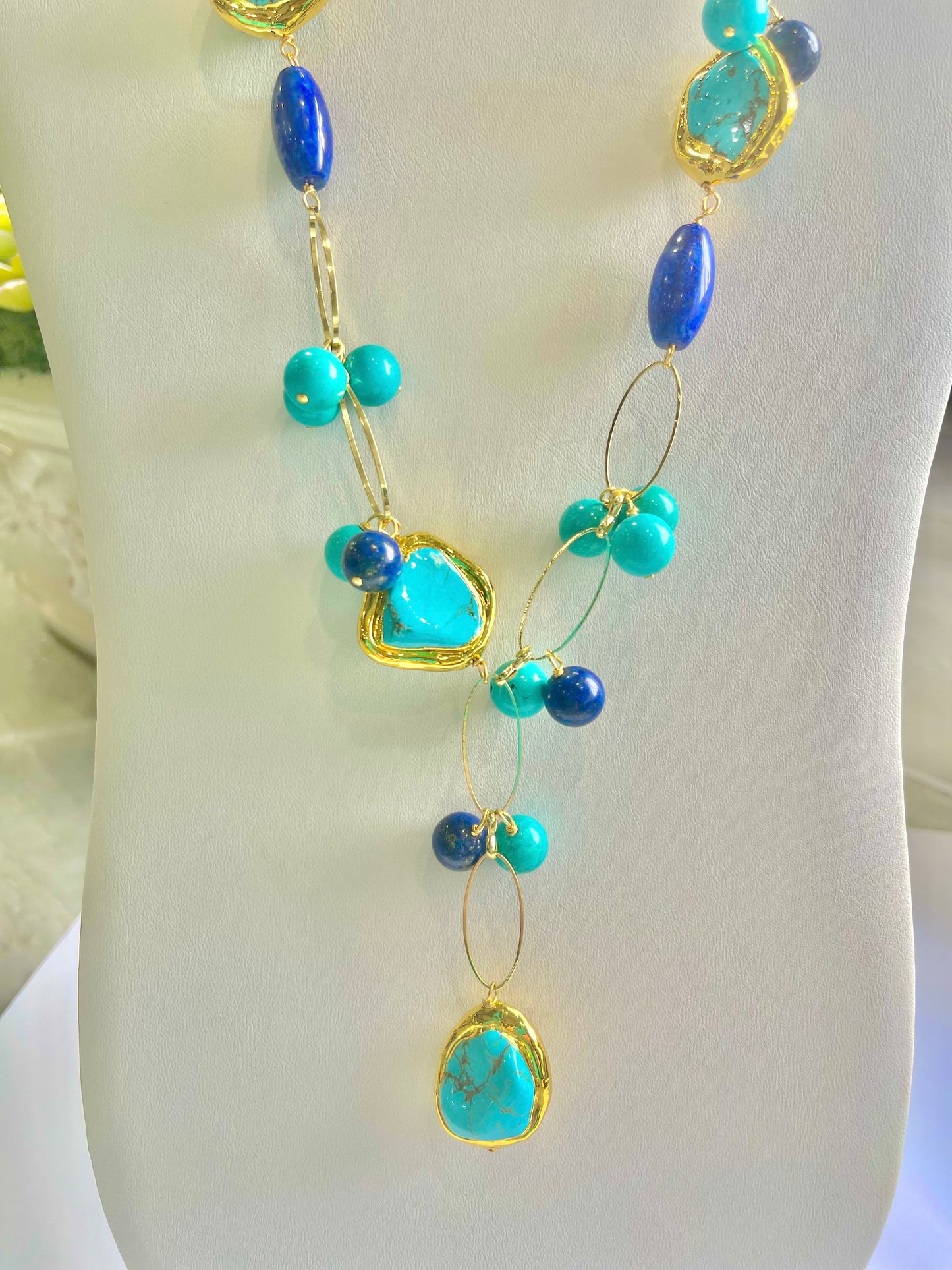 Turquoise and Lapis Lazuli Gemstones Gold Chain Necklace 20”- 23”