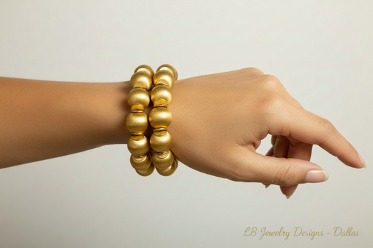 18k Brushed Gold Vermeil Beaded Bracelet Stack - Handcrafted Statement Gold Bracelets