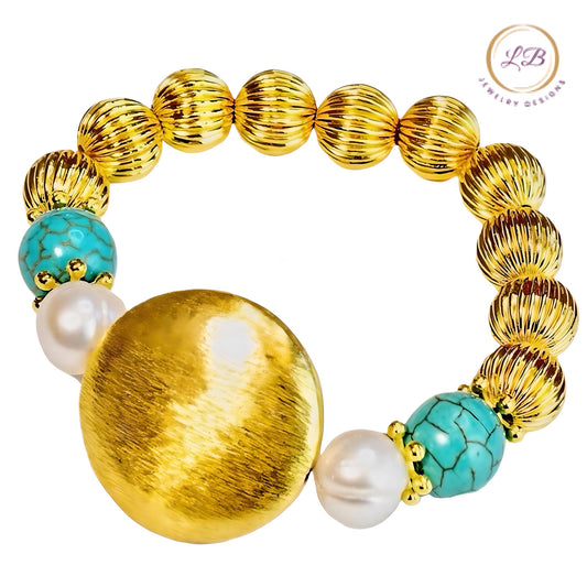 Turquoise, Baroque Pearls and Gold-Filled Beaded Bracelet