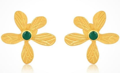 Gold Vermeil Green Onyx Gemstone Flower Statement Studs 1.5”