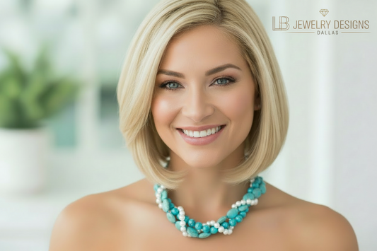 Turquoise & Freshwater Pearl Triple-Strand Statement Necklace - Turquoise Gemstone Layered Necklace