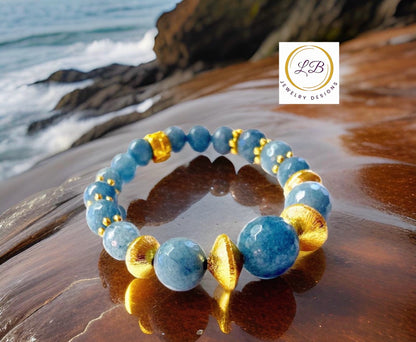 Blue Apatite Gemstone 22k Brushed Gold Vermeil Bracelet