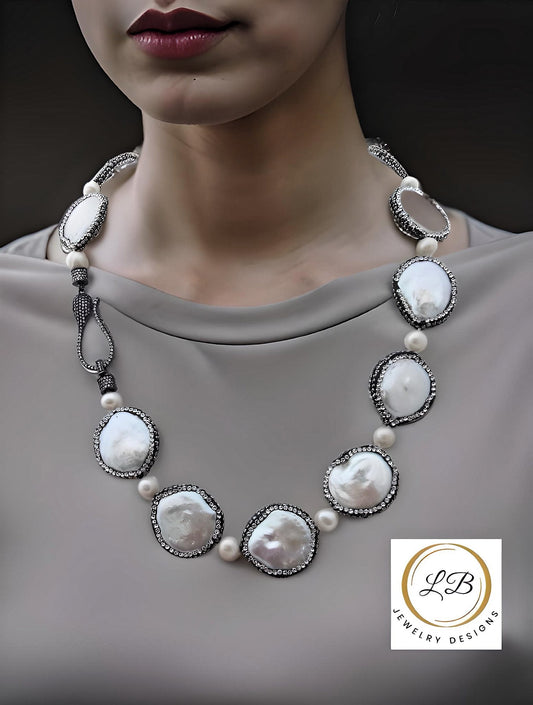 Distinctive Coin Pearls with Black Marcasite Gemstone Statement Necklace 20"