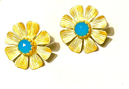 Blue Chalcedony Flower Gold Vermeil Statement Earrings 1”
