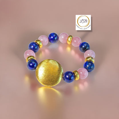 Lapis Lazuli & Pink Quartz Gemstone Brushed Gold Vermeil Beaded Bracelet