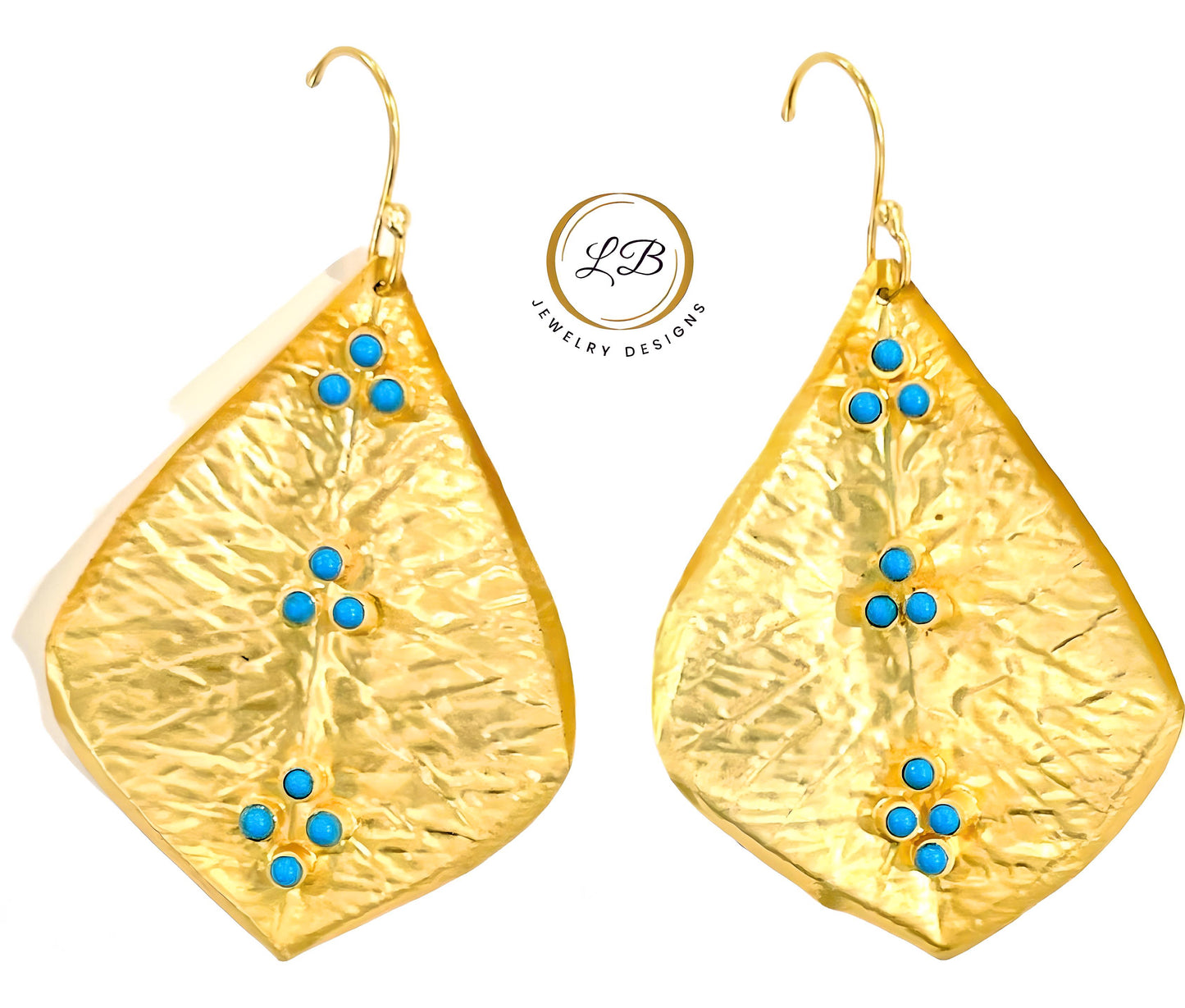 Lightweight 22k Gold Leaf Hammered Turquoise Statement Earrings 2”