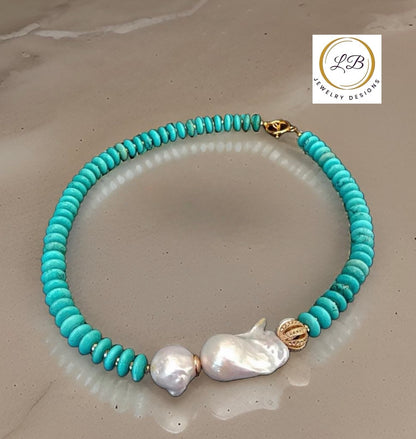 Stylish Turquoise and White Freshwater Keshi Pearl Gold Statement Necklace 20"