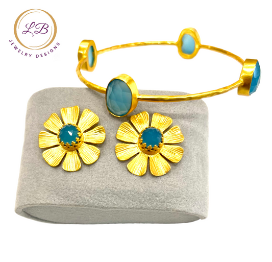 Blue Chalcedony Bangle Bracelet and Earrings Set