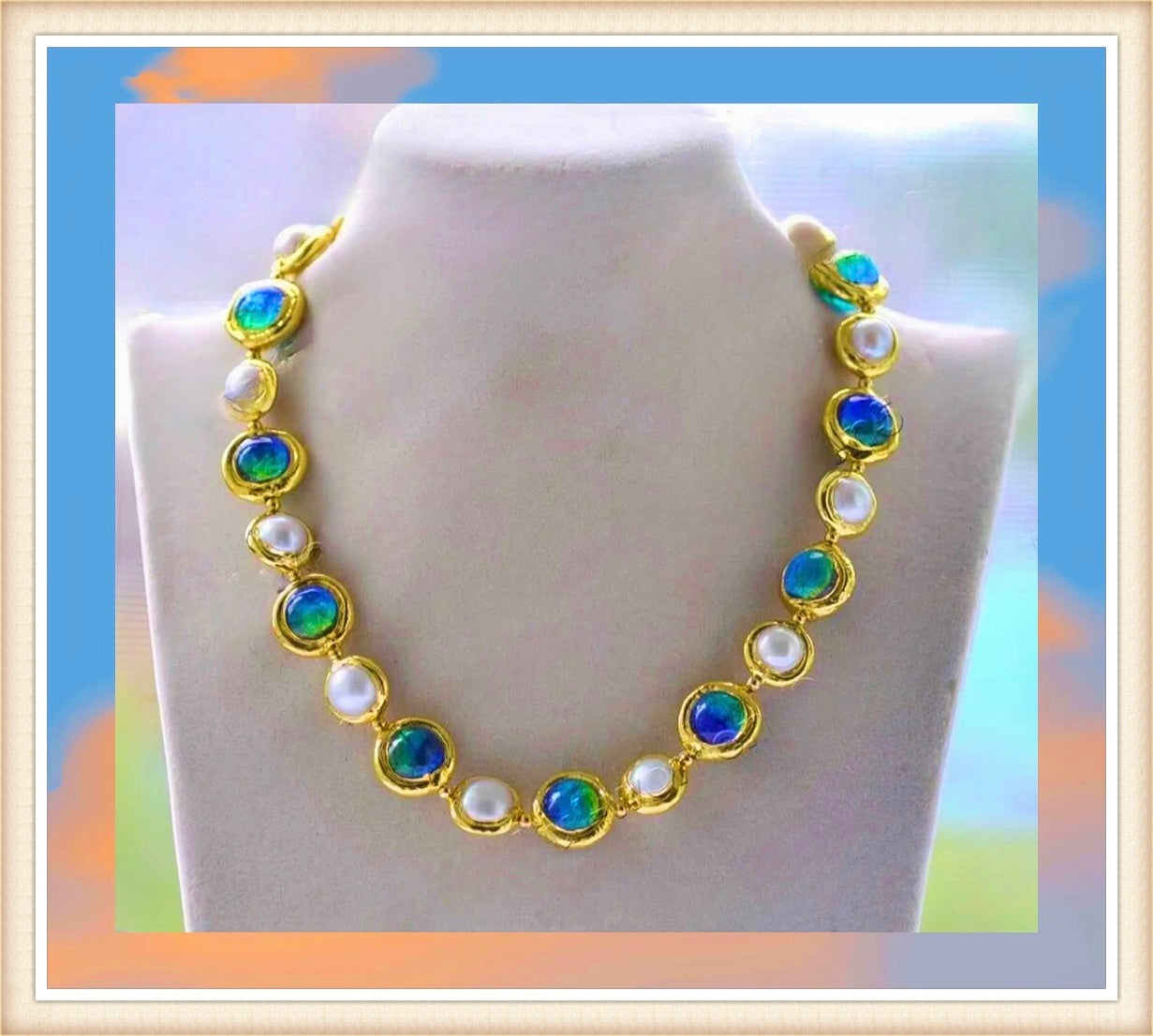 Handcrafted Blue Murano and Pearl Gold Vermeil Statement Necklace 18"