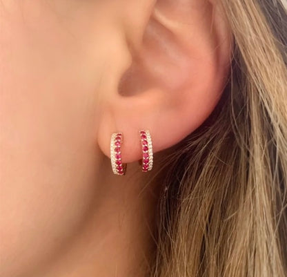 Tiny Gemstone and Gemstone Pave Encrusted Hoop Earrings