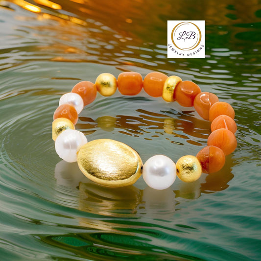 Aventurine & Baroque Pearl Gemstone Brushed Gold Vermeil Beaded Bracelet