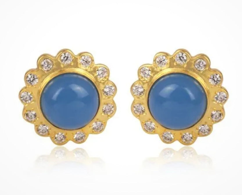 Light Blue Chalcedony Gemstone Gold Stud Earrings 1”
