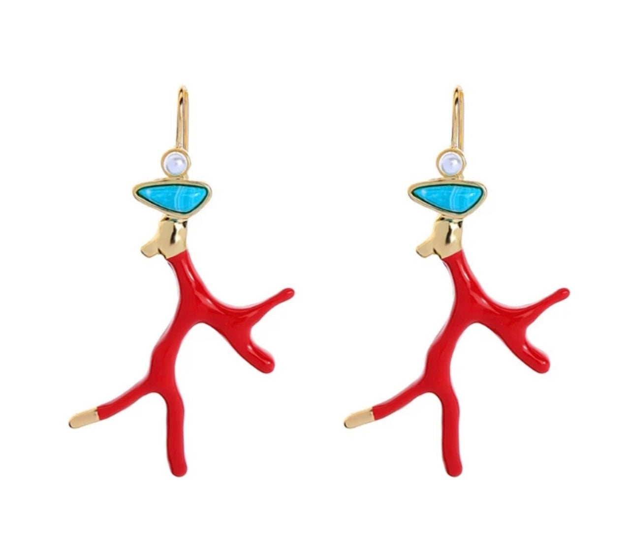 Resort Red Enamel Coral Branch Turquoise Dangle Earrings 2”