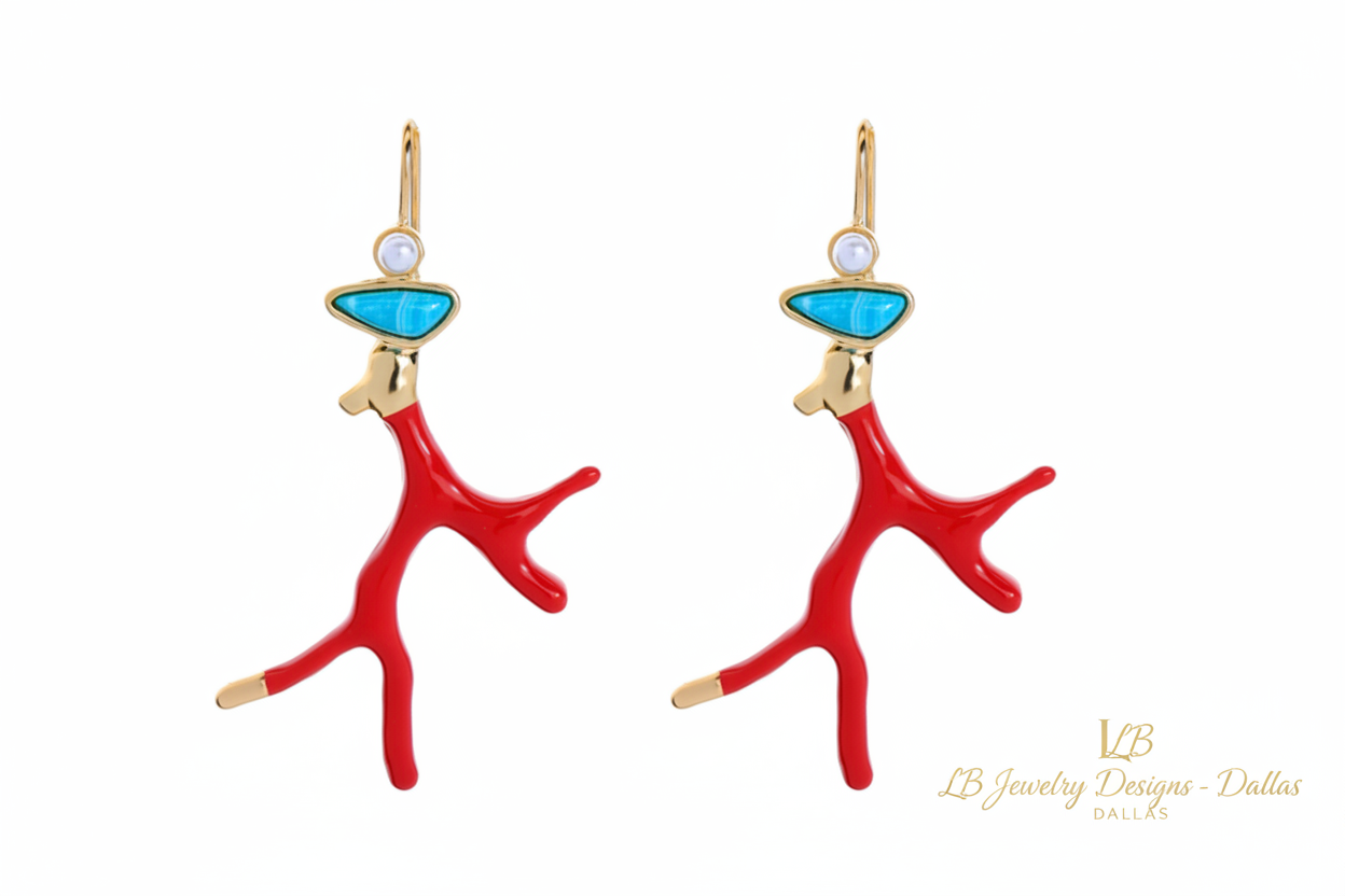 Red Coral Branch Earrings & Bracelet Set with Turquoise and Pearl – Coastal Resort Statement Jewelry