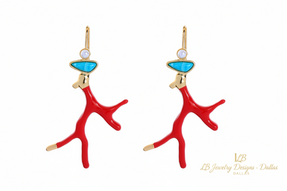Red Coral Branch Earrings & Bracelet Set with Turquoise and Pearl – Coastal Resort Statement Jewelry