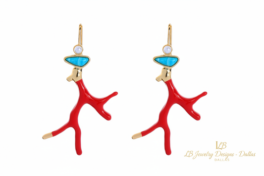 Red Coral Branch Dangle Earrings with Turquoise & Pearl – Gold Enamel Coastal Resort Statement Earrings 2”