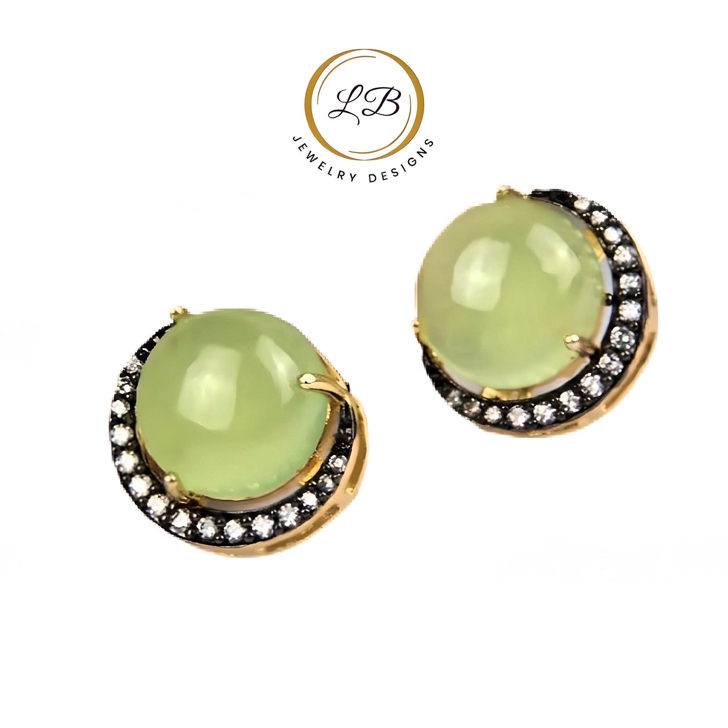 Crescent Moon Green Prehnite Gold and Rhodium Stud Earrings