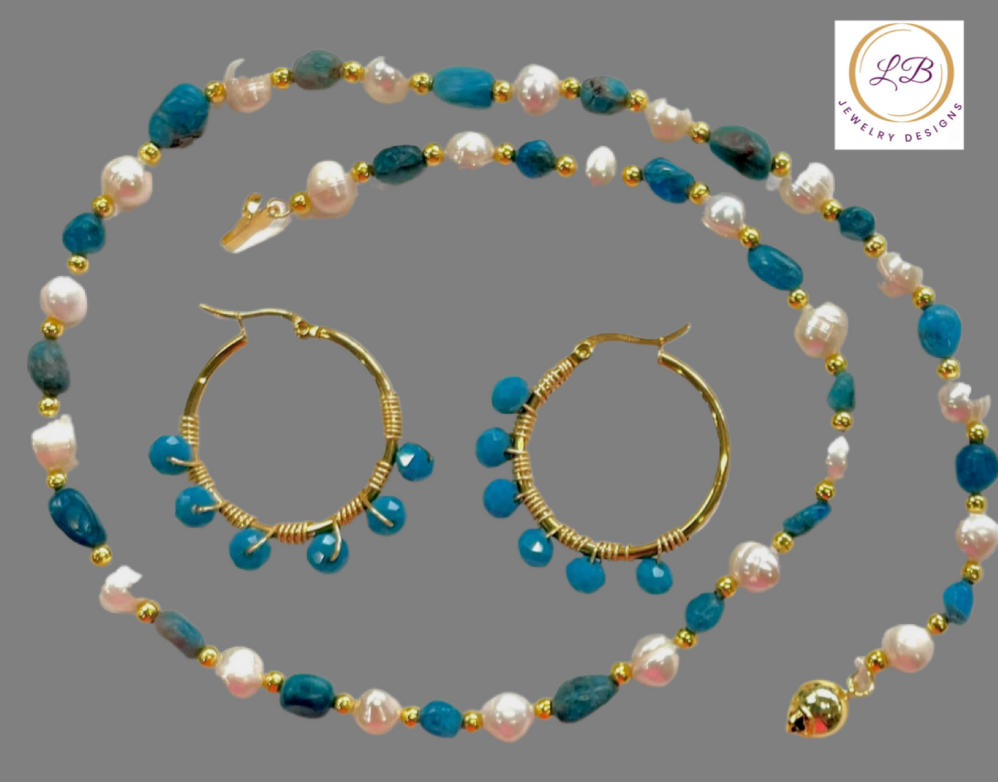 Blue Apatite & Pearl Gemstone Necklace and Hoops Set