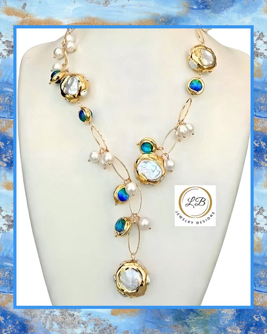 Blue Murano Baubles and Freshwater Pearls Gold Chain Statement Necklace 21”