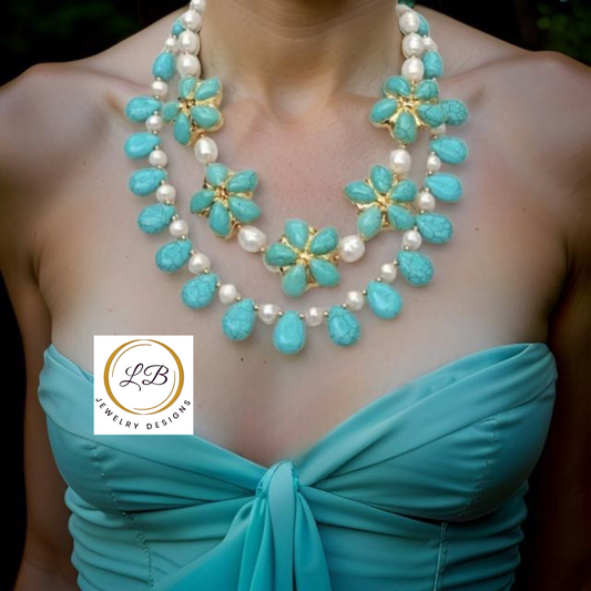 Double-Strand Turquoise & Pearl 22k Gold Statement Necklace