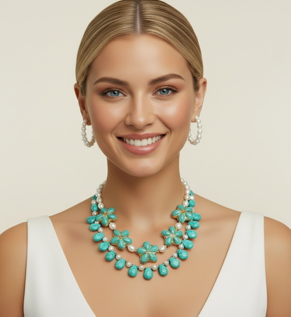 Turquoise Flower & Pearl Double-Strand Statement Necklace – 22k Gold Vermeil Resort Jewelry