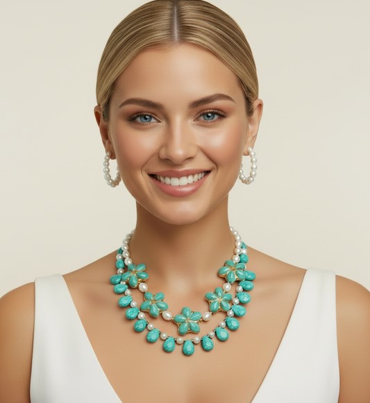 Turquoise Flower & Pearl Double-Strand Statement Necklace – 22k Gold Vermeil Resort Jewelry