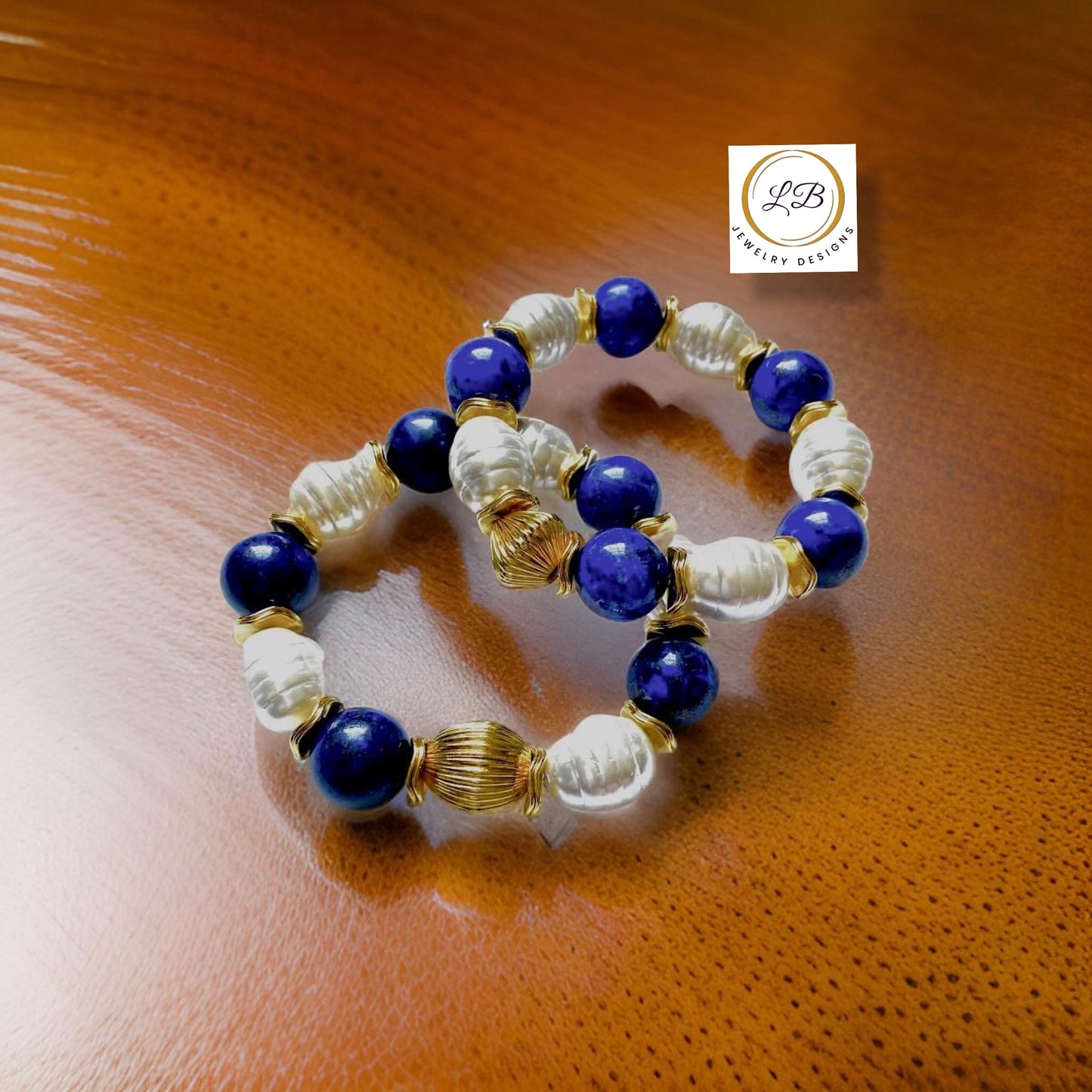 Lapis Lazuli & Pearl Gemstone Statement Bracelet