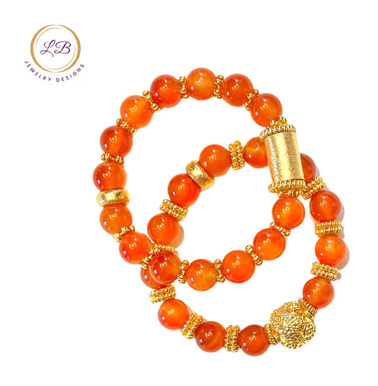 Lovely Orange Carnelian and 18k Gold Vermeil Bali Beaded Bracelet