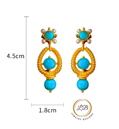 Turquoise and Pearl Gold Vermeil Dangle Earrings 1.75”