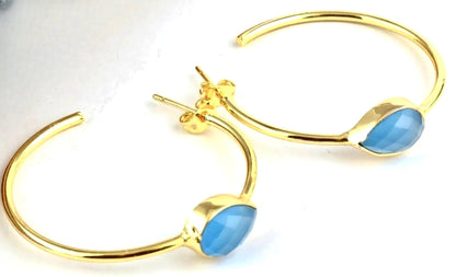 Pear-Shaped Blue Aquamarine Gemstone Hoop Earrings 2.25”