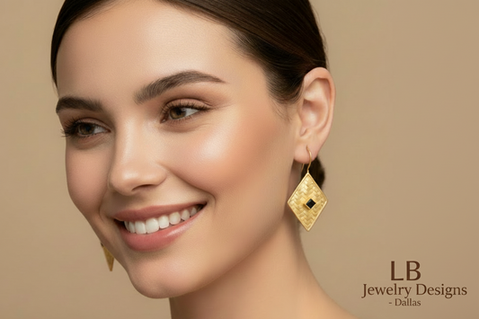 Black Onyx Basket Weave Gold Vermeil Statement Earrings – 2” Designer Geometric Dangles