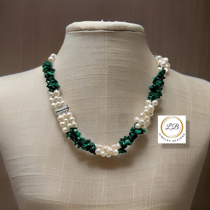 Green Malachite and Freshwater Pearls Triple-Stand Statement Necklace 18"