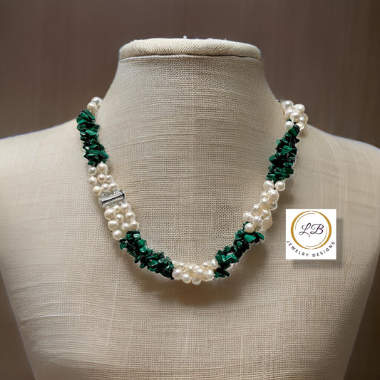 Green Malachite and Freshwater Pearls Triple-Stand Statement Necklace 18