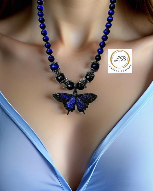 Blue Hawk's Eye Gemstone Pave Butterfly Pendant Necklace 20"