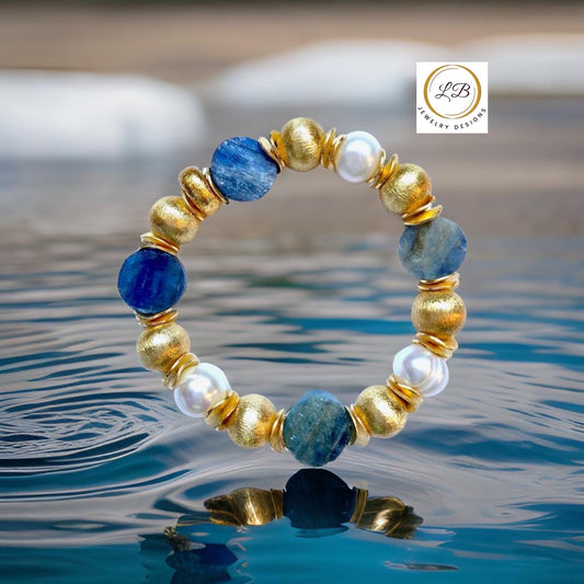 Blue Kyanite and Pearl Gold Vermeil Gemstone Bracelet