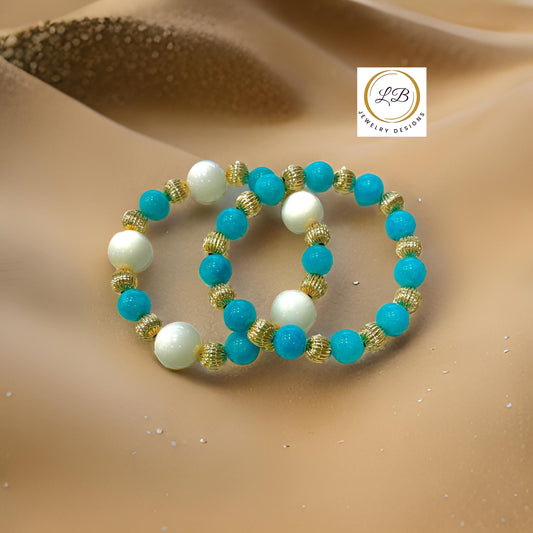 Blue Amazonite and Alabaster Gemstone Gold Bracelet Stack Set