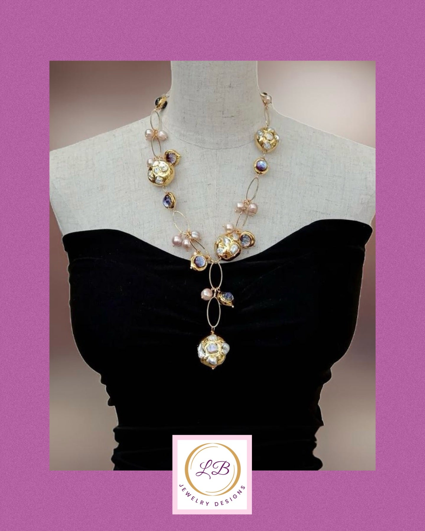 Mesmerizing Purple Murano Baubles and Pearls 22" Gold Chain Statement Necklace 21"