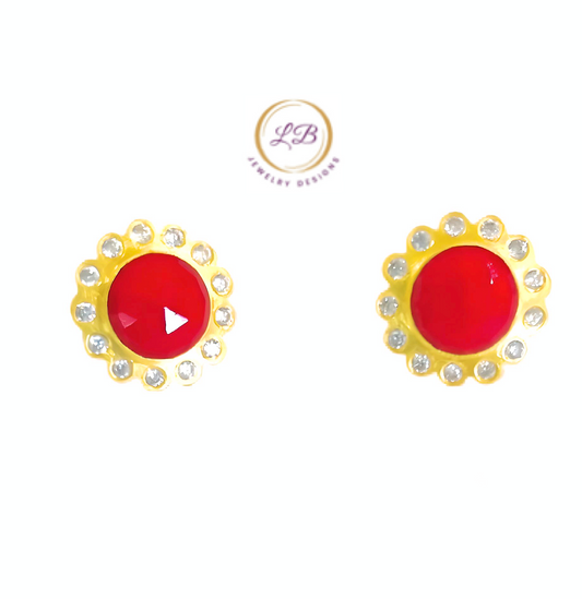 Red Coral Gemstone Gold Stud Earrings