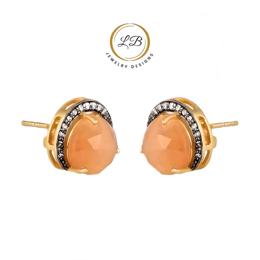 Crescent Moon Peach Moonstone Gold and Rhodium Stud Earrings